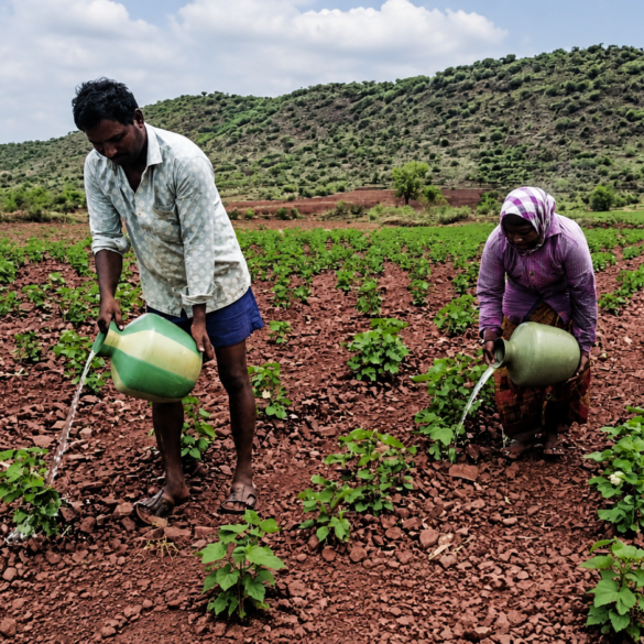 Farmer couple in Ballari carries water in pots daily to save 2.5-acre cotton crop amid weak monsoon